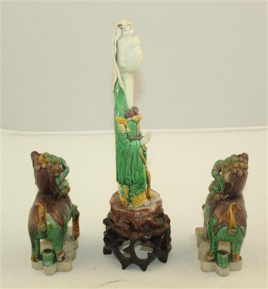 Three Chinese Sancai glazed biscuit figures, early 18th century, 10cm, one Buddhist lion restored, all with wood stands